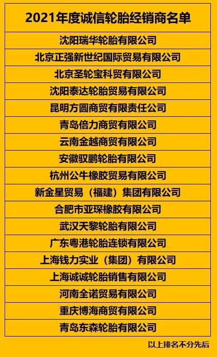 2021年度誠信輪胎經銷商名單