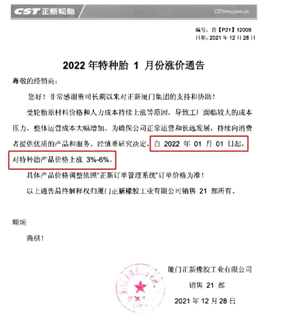 廈門正新發(fā)布漲價通知,自2021年1月1日起,對特種輪胎產(chǎn)品價格上調(diào)3%-6%。 廈門正新發(fā)布漲價通知,自2021年1月1日起,對特種輪胎產(chǎn)品價格上調(diào)3%-6%。