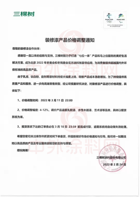 ，三棵樹涂料股份有限公司已于2022年3月11日 22:00對裝修漆產品價格進行了調整