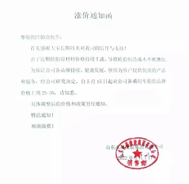 永盛橡膠宣布自5月5日起,對(duì)全鋼各系列產(chǎn)品銷(xiāo)售價(jià)格上調(diào)3%;自5月15日起,對(duì)各乘用車(chē)輪胎品牌價(jià)格上調(diào)2%-3%。 永盛橡膠宣布自5月5日起,對(duì)全鋼各系列產(chǎn)品銷(xiāo)售價(jià)格上調(diào)3%;自5月15日起,對(duì)各乘用車(chē)輪胎品牌價(jià)格上調(diào)2%-3%。