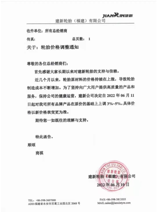 　建新輪胎也發(fā)布了漲價通知。宣布自6月11日起對所有品牌產(chǎn)品在原價格基礎(chǔ)上上調(diào)3%-5%。
