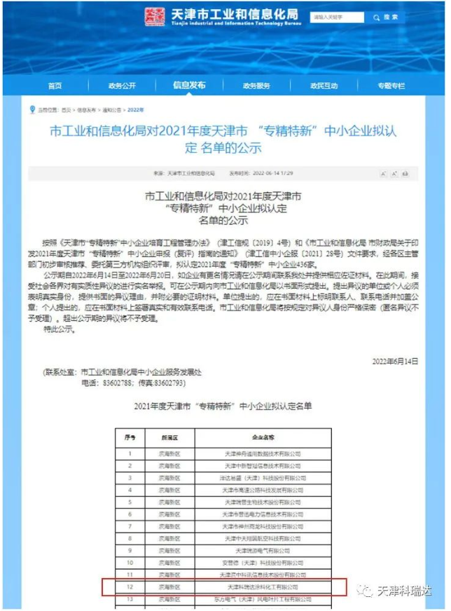 科瑞達被認定為天津市“專精特新”中小企業 科瑞達被認定為天津市“專精特新”中小企業