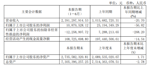 上半年，風神輪胎實現營業收入23.91億元，同比(下同)下降20.7%;歸屬于上市公司股東的凈利潤為1087.95萬元，下降56.82%;扣除非經常性損益的凈利潤為虧損1225.90萬元，上年同期為盈利728.82萬元。