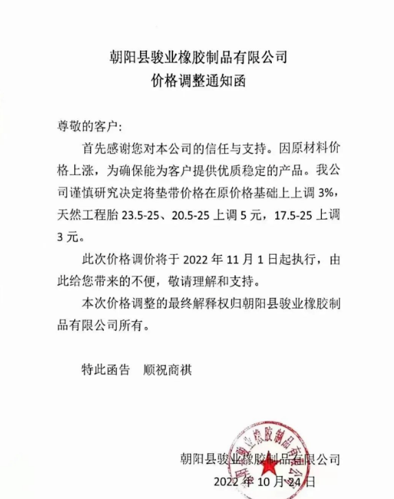 朝陽縣駿業橡膠制品有限公司表示,11月1日起墊帶產品價格上調3%,天然工程胎23.5-25、20.5-25上調5元,17.5-25上調3元。 朝陽縣駿業橡膠制品有限公司表示,11月1日起墊帶產品價格上調3%,天然工程胎23.5-25、20.5-25上調5元,17.5-25上調3元。
