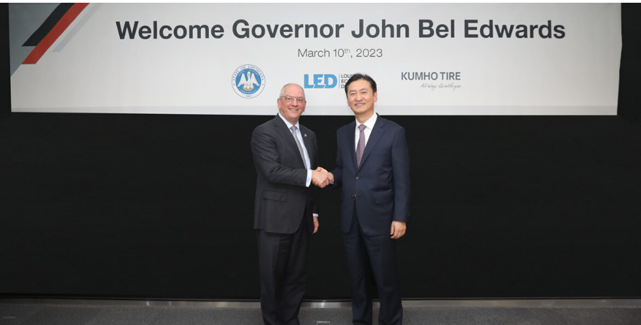 由路易斯安那州州長 John Bel Edwards 率領的貿易代表團訪問了錦湖輪胎位于韓國首爾的總部。代表團，會見了錦湖輪胎首席執行官 Il-Taek Jung、全球銷售主管 Seung-Bin Lim 和供應鏈管理主管 Eun-Sun Lee。