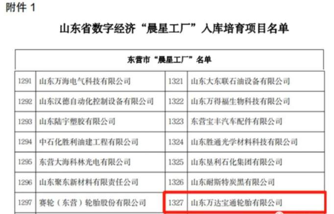 山東省工業和信息化廳近日發布了《關于開展數字經濟“晨星工廠”入庫培育工作的通知》。山東萬達寶通輪胎有限公司憑借其先進的生產制造技術和產業智能化系統的優勢，成功入選該計劃。這也是該公司為推動數字經濟發展，加快傳統制造業數字化、智能化轉型升級工作所獲得的又一榮譽。