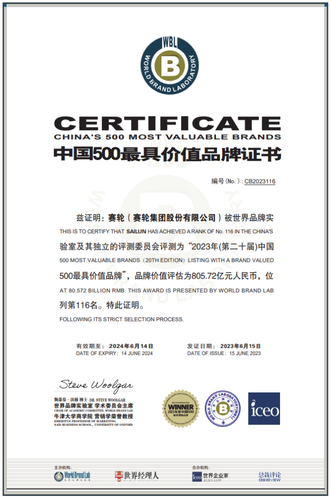 由世界品牌實驗室主辦的第二十屆世界品牌大會在北京盛大舉行，會上發布了最新的《中國500最具價值品牌》分析報告。賽輪集團以令人矚目的805.72億元品牌價值位列116名，與去年相比增長了驚人的120.04億元，再度刷新了歷史最高紀錄。