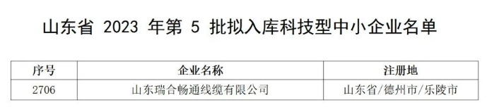 山東瑞合暢通線纜入選山東省2023年第5批擬入庫科技型中小企業名單