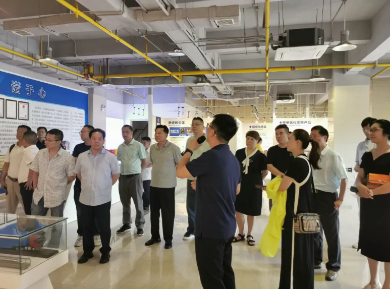 考察團一行在雙虎涂料營銷總監歐隆杰的帶領下參觀了雙虎涂料的展廳，并在質量總監李玉花的引領下參觀了智能制造車間和曝曬場等場地。