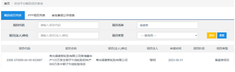 山東省投資項目在線審批監(jiān)管平臺披露，壽光福麥斯輪胎有限公司“柬埔寨年產(chǎn)120萬條全鋼子午線輪胎和年產(chǎn)800萬條半鋼子午線輪胎項目”備案。