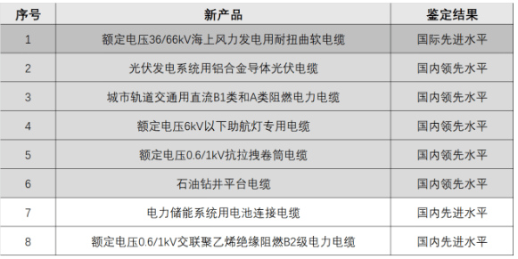 新疆維吾爾自治區(qū)工信廳科技質(zhì)量處副處長陳捷在開工典禮上對新纜廠自主研發(fā)的8款創(chuàng)新產(chǎn)品技術(shù)進(jìn)行了權(quán)威鑒定。據(jù)了解，其中一款名為“額定電壓36/66千伏海上風(fēng)力發(fā)電用耐扭曲軟電纜”的產(chǎn)品達(dá)到了國際先進(jìn)水平。此外，還有名為“鋁合金芯光伏線”和“儲能系統(tǒng)用電池連接電纜”的7款產(chǎn)品達(dá)到了國內(nèi)先進(jìn)水平。