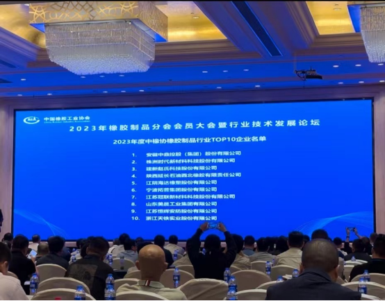 本次大會上，2023年度全國橡膠制品行業(yè)“十強(qiáng)”企業(yè)名單重磅出爐。名單顯示，安徽中鼎控股(集團(tuán))股份有限公司、株洲時(shí)代新材料科技股份有限公司、建新趙氏科技股份有限公司在2023年的綜合實(shí)力和市場地位上取得了顯著成就，獲得了橡膠制品行業(yè)“十強(qiáng)”企業(yè)前三名的榮譽(yù)。