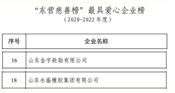 與此同時，金宇輪胎和永盛橡膠還榜上有名，入選了東營市最具愛心企業榜，這反映出這些企業在社會公益事業上的積極參與和貢獻。